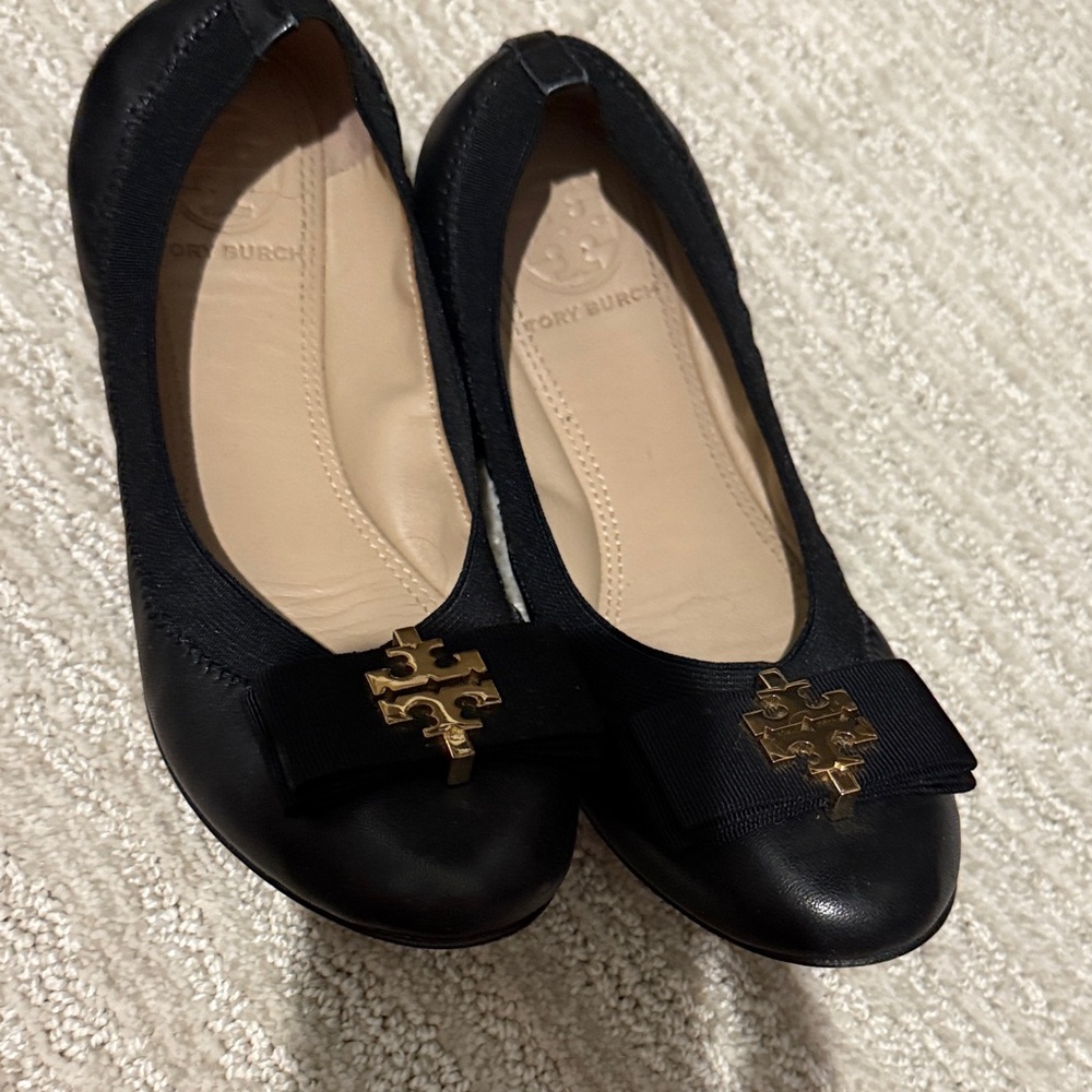 Tory Burch Black Flats with Gold Emblem